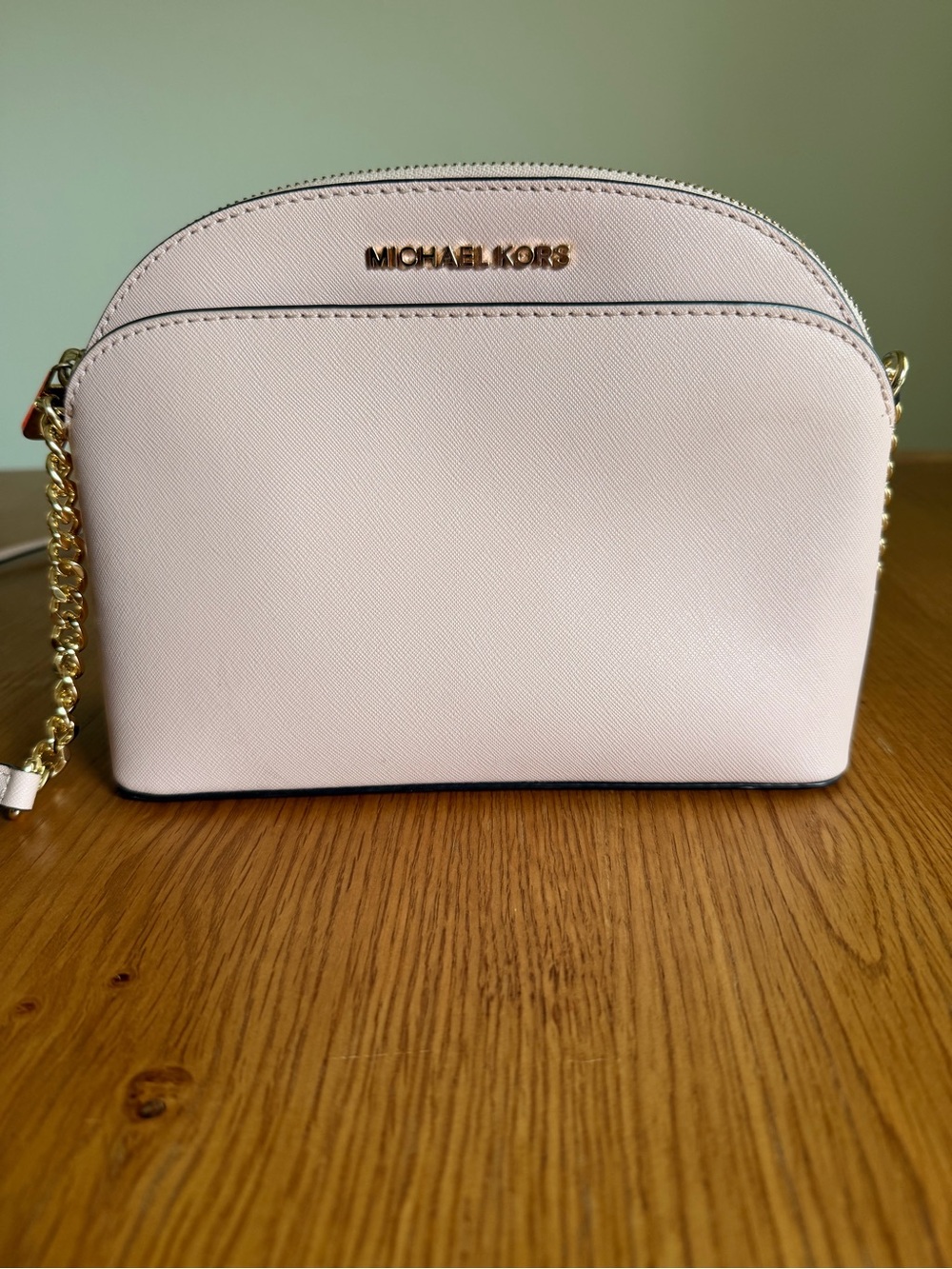 Michael Kors Pale Pink Saffiano Dome Crossbody with Gold Chain